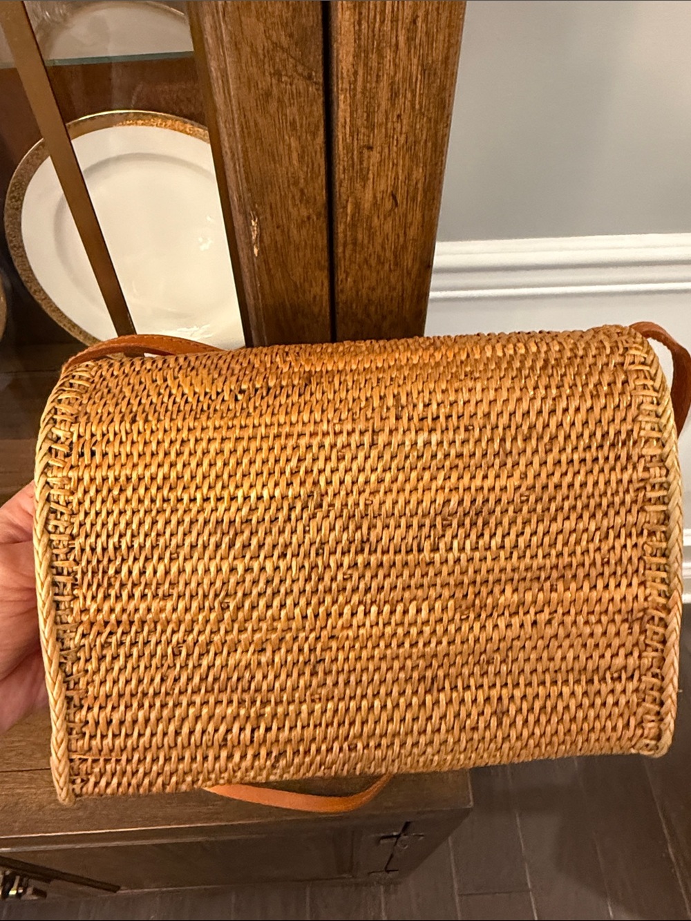 Woven Rattan Straw Crossbody Bag with leather strap - Picture 8 of 15